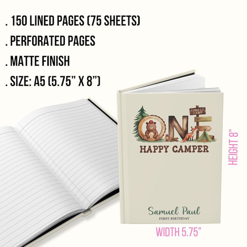 Libro de visitas para fiesta de cumpleaños de un campista feliz, libro de cartas personalizado para el primer cumpleaños de camping, decoración para fiesta en el bosque, libro de recuerdos para bebés campistas imagen 3
