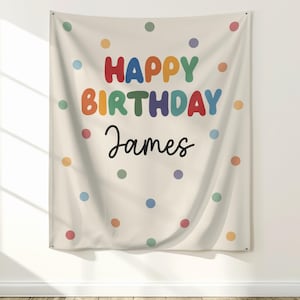 May include: A cream-colored fabric wall hanging featuring the text "HAPPY BIRTHDAY" in multicolored, rounded, bubble-style letters. Below the text, the name "James" is printed in black cursive script, surrounded by scattered polka dots.
