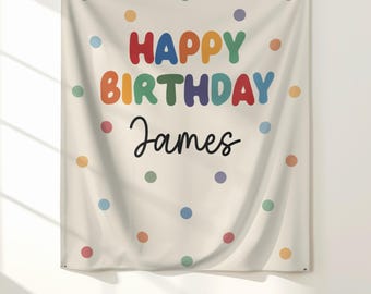 Custom Happy Birthday Backdrop Banner, Rainbow Color Boho Birthday Wall Decor, Birthday Party Photo Background