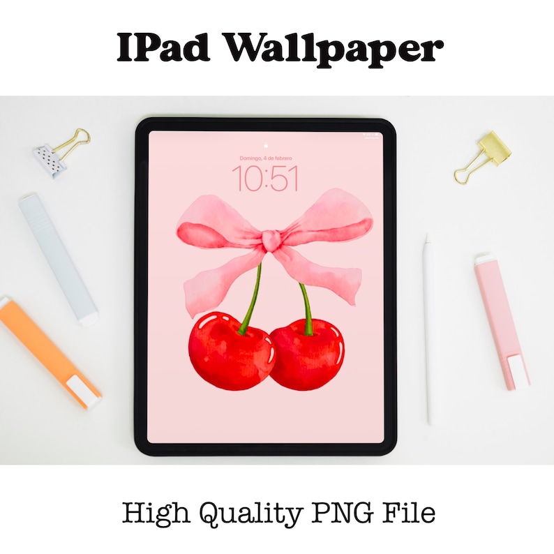 May include: A pink iPad screen with a digital clock displaying 10:51. The background is a light pink with two red cherries and a pink ribbon tied in a bow.