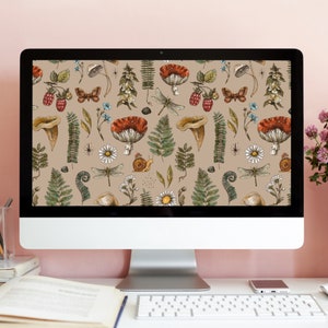 May include: A computer screen displaying a digital wallpaper with a repeating pattern of mushrooms, butterflies, ferns, and other forest elements in shades of brown, green, red, and white.