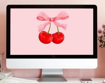 Coquette Cherry Bow Desktop Wallpaper (PNG)