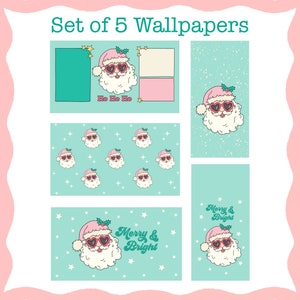 May include: Set of five digital wallpapers featuring a cartoon Santa Claus wearing pink heart-shaped sunglasses. The wallpapers have a turquoise background with white stars and snowflakes. One wallpaper says "Ho Ho Ho" and another says "Merry & Bright".
