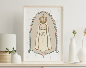 Cute illustration of Our Lady of Fatima, Hand Illustrated Religious Art, Printable Poster, Digital Download