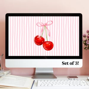 May include: A set of three digital desktop wallpapers featuring a pink and white striped background with two red cherries tied together with a pink ribbon.