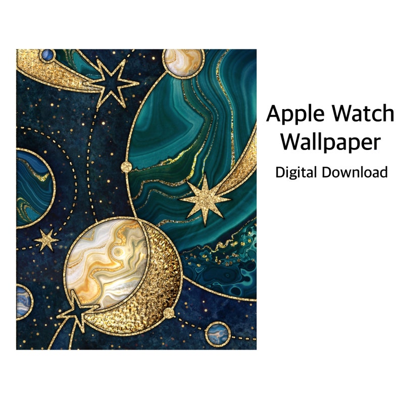 May include: A digital Apple Watch wallpaper featuring a blue and green marbled background with gold glitter accents. The design includes a crescent moon, stars, and planets.