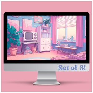 Puede incluir: Una ilustración digital de un interior de dormitorio con un esquema de color rosa, azul y blanco. La habitación cuenta con un televisor, una estantería, una ventana con persianas, una planta y una cama. El texto "Set of 5!" se muestra en la esquina inferior derecha de la imagen.