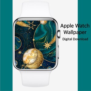 May include: A white Apple Watch with a gold band and a digital wallpaper featuring a blue and green marble background with gold stars and planets.