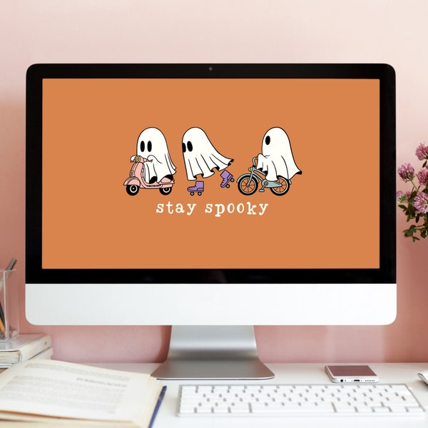 Halloween DESKTOP Wallpaper, Cute Ghosts Desktop Background, Aesthetic Mac Background, Cute Spooky Laptop Wallpaper, Funny Ghosts