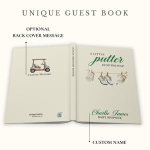 May include: Open guest book with a golf theme. The left side features a golf cart illustration and space for a custom message. The right side has the text "A Little Putter is on the Way!" and baby golf-themed illustrations.