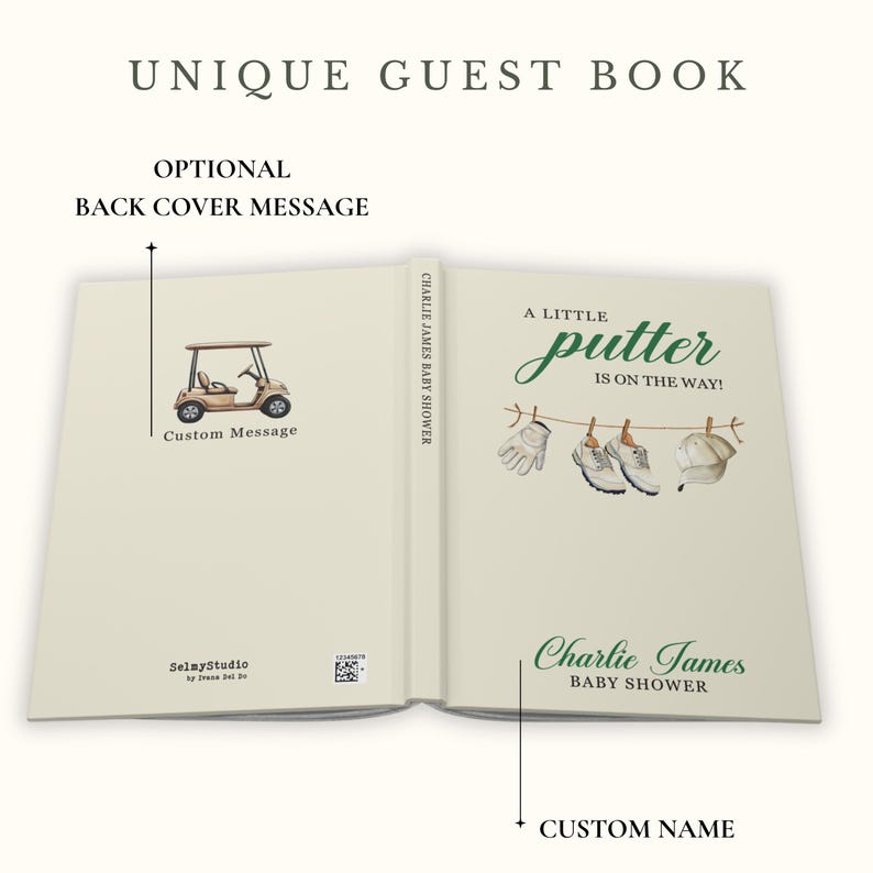 May include: Open guest book with a golf theme. The left side features a golf cart illustration and space for a custom message. The right side has the text "A Little Putter is on the Way!" and baby golf-themed illustrations.