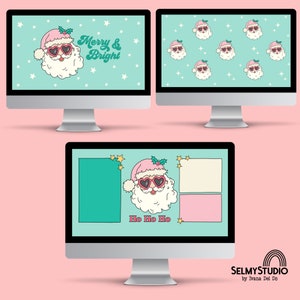 May include: Three computer screens displaying different Christmas-themed desktop backgrounds. The first screen features a cartoon Santa Claus wearing pink sunglasses and a pink hat with holly on a light blue background with white stars. The text "Merry & Bright" is written in white. The second screen features a repeating pattern of the same Santa Claus on a light blue background with white stars. The third screen features a cartoon Santa Claus wearing pink sunglasses and a pink hat with holly on a light blue background with white stars. The text "Ho Ho Ho" is written in white. The screens are on a pink background.