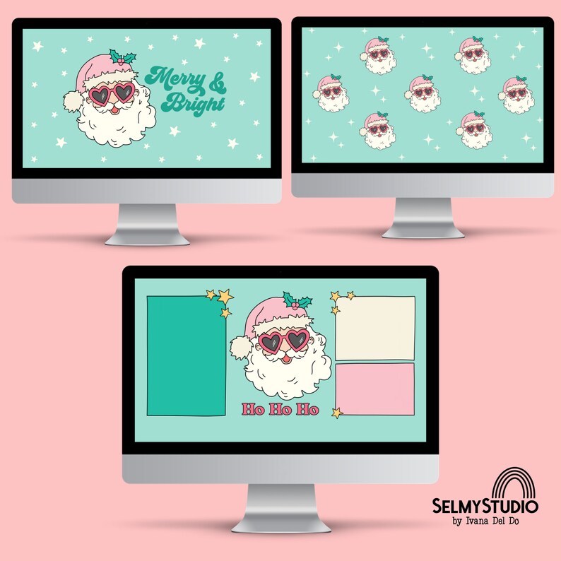 May include: Three computer screens displaying different Christmas-themed desktop backgrounds. The first screen features a cartoon Santa Claus wearing pink sunglasses and a pink hat with holly on a light blue background with white stars. The text "Merry & Bright" is written in white. The second screen features a repeating pattern of the same Santa Claus on a light blue background with white stars. The third screen features a cartoon Santa Claus wearing pink sunglasses and a pink hat with holly on a light blue background with white stars. The text "Ho Ho Ho" is written in white. The screens are on a pink background.