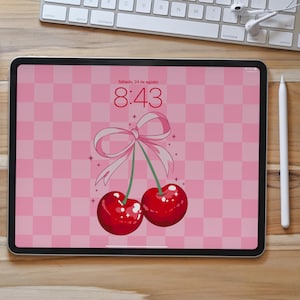 PREPPY WALLPAPER für iPad, Cherry Coquette Bow karierte ästhetische IPad Tapete, digitaler Download
