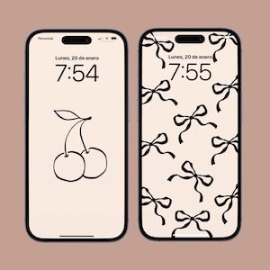 Minimalist cherry phone wallpaper with hand-drawn black outlines on a neutral beige background.