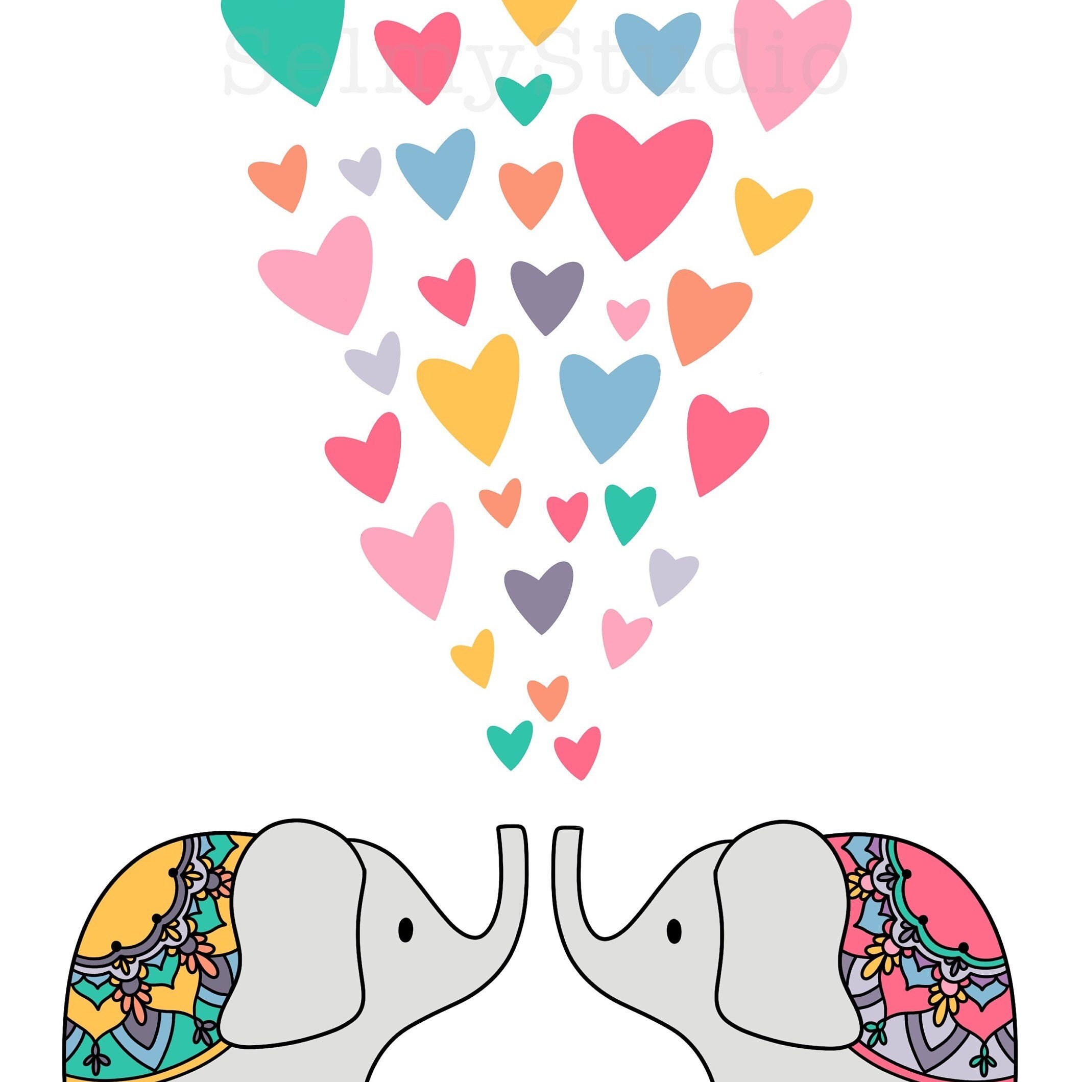 Elephant and hearts nursery print wall art. Printable. | Etsy