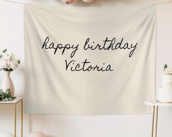 May include: Cream-colored birthday banner with the text "happy birthday Victoria" in black script. The banner is hanging with balloons in the background. A cake and flowers are on either side of the banner.