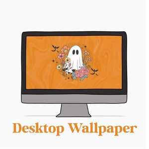 May include: A computer screen displaying a Halloween-themed desktop wallpaper with a white ghost surrounded by pink, yellow, and orange flowers on a swirling orange background.