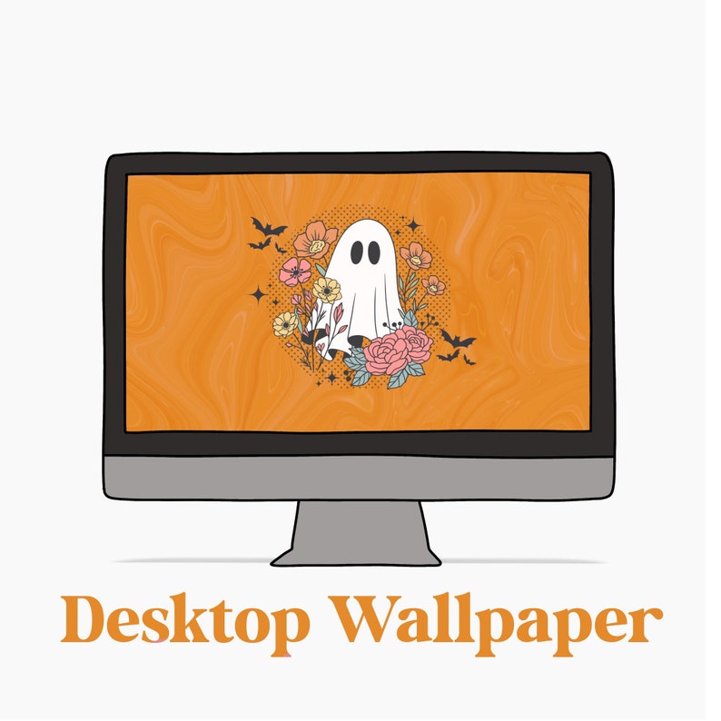 May include: A computer screen displaying a Halloween-themed desktop wallpaper with a white ghost surrounded by pink, yellow, and orange flowers on a swirling orange background.