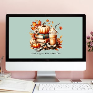 May include: A computer screen displaying a digital illustration of a fall-themed scene with pumpkins, books, and a coffee drink. The text "Just a girl who loves fall" is displayed below the illustration.