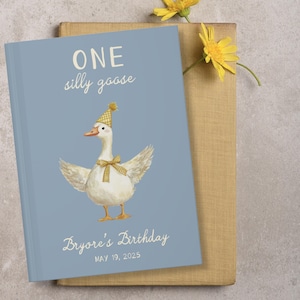 Puede incluir: Un libro azul claro con el texto "ONE silly goose" y una ilustraci&oacute;n de un ganso con gorro de fiesta y pajarita. El texto "Bryore's Birthday" y la fecha "MAY 19, 2025" tambi&eacute;n est&aacute;n en la portada. Una flor amarilla est&aacute; en el fondo.