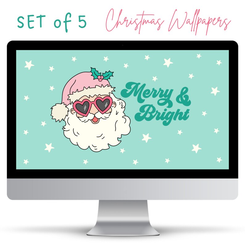 May include: A computer screen displaying a Christmas themed wallpaper with a cartoon Santa Claus wearing pink heart-shaped sunglasses and a pink hat with a green holly sprig. The background is teal blue with white stars and the text "Merry & Bright" in a retro font.