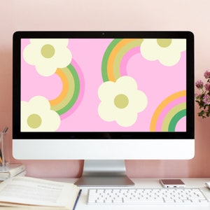 Retro Floral Desktop Wallpaper, Rainbow Laptop Wallpaper, Aesthetic Mac Background, Cute Laptop Background, Instant Download