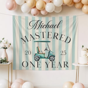 HOLE IN ONE Birthday Decorations Golf 1st Birthday Party Banner Mastered First Year Golf Theme Decor Backdrop Masters Birthday Sign Boy Girl