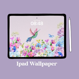 気まぐれなハチドリと花の水彩画の iPad 壁紙 - Nature&#39;s Delight - 即時ダウンロード