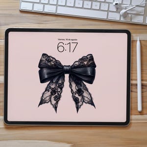 Black Bow Lace Coquette Aesthetic IPad Wallpaper, Preppy Wallpaper für IPad, Bow Aesthetic Coquette Wallpaper Pink Girly Ästhetik