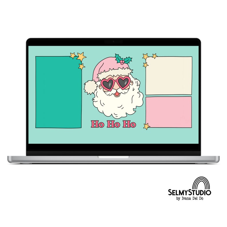 May include: A laptop computer screen displaying a digital desktop background with a cartoon Santa Claus wearing pink heart-shaped sunglasses and the text "Ho Ho Ho". The background is a light blue color with pink and white boxes and gold stars.