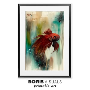 Könnte beinhalten: Ein roter Betta-Fisch mit fließenden Flossen schwimmt in einem Aquarellhintergrund aus Blau, Grün und Braun. Der Fisch befindet sich in der Mitte des Bildes und blickt nach rechts. Der Hintergrund ist abstrakt und hat einen Spritz-Effekt.