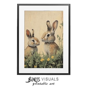 Vintage Rabbit Poster Muted Bunny Print Wall Art Antique Rabbits in Spring Print Vintage Style Bunny Wall Art Cozy Cottage Floral Bunny