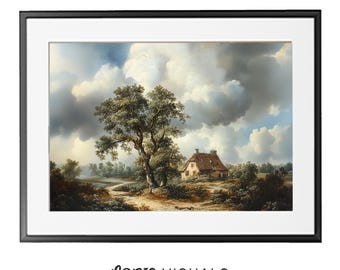 Rustic Farmhouse Landscape Oil Painting: Vintage Country Wall Art (Digital Download)