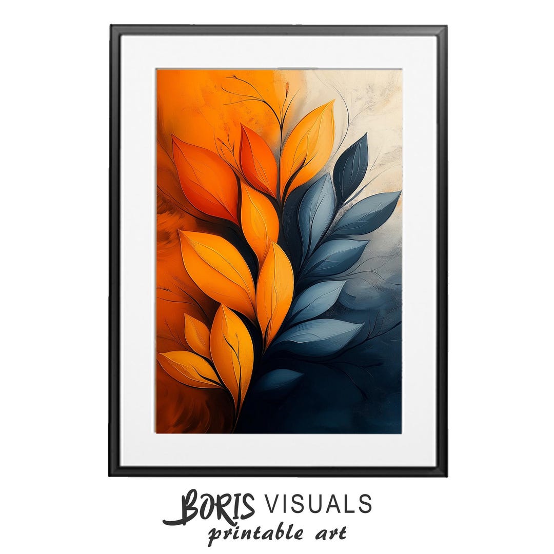 Abstract Floral Print: Green & Orange Botanical Art (digital Download ...