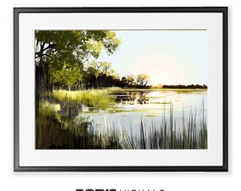 Minimalistiskt landskapstryck: Fridfull sjöscen (digital nedladdning)