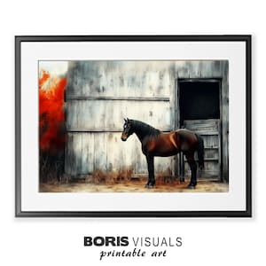Art mural cheval noir vintage, paysage rustique sombre de mauvaise humeur, oeuvre de ferme vintage, peinture à l&#39;huile imprimable, impression de cheval téléchargeable