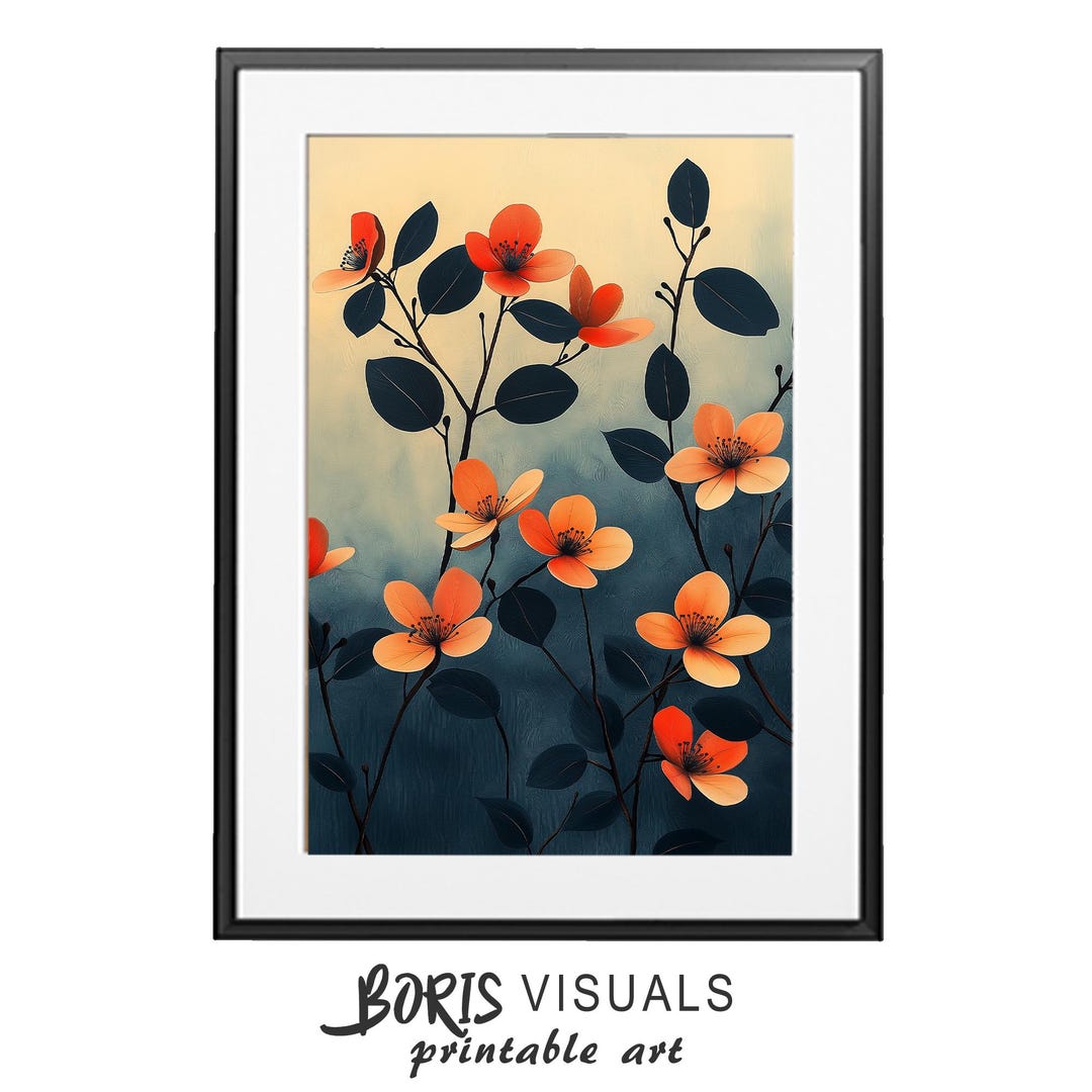 Abstract Floral Print: Green and Orange Botanical Art (digital Download ...
