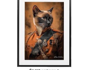 Stampa del ritratto di un gatto soldato: arte felina stravagante (download digitale)