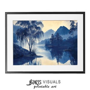 Blue Chinoiserie Landscape Download Blue Willow Mountain Print Blue Asian Mountain Landscape Digital Landscape Blue Willow Mountains Print