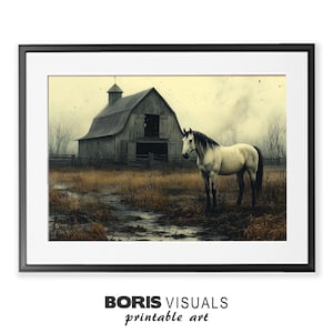 Impressão de paisagem de cavalo e celeiro: arte de parede rústica de fazenda (download digital)