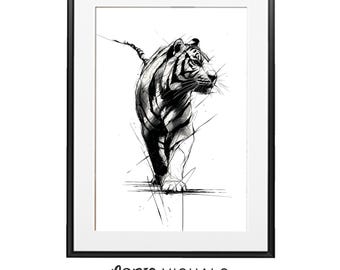 Minimalistische tijgerschets: vintage zwart-wittekening (digitale download)