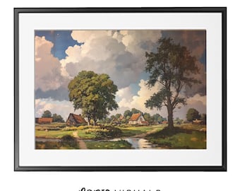Rustic Farmhouse Landscape Oil Print: Vintage Country Wall Art (Digital Download)