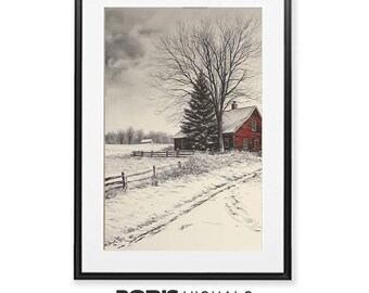 Vintage winterboerderijprint: kunst aan de muur kerstvakantie (digitale download)