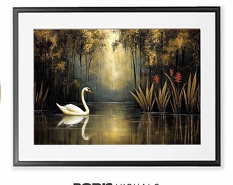 Arte mural floral de cisnes: decoración encantadora para el hogar y la oficina (descarga digital)