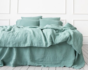 Linen Bedding Set Moss Green Washed * Linen Duvet cover & 2 Pillow cases * 100% European linen *Hand Made *Button Closure