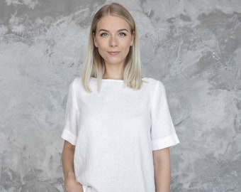 Washed Linen Blouse in White Luisa. Short sleeves Blouse. Linen Clothing for woman. Loose-fitting Blouse, pleat decoration on the back