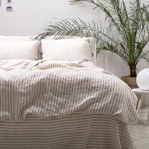 Ticking Stripe Linen Duvet Cover in Natural * Twin, Queen, King and other sizes * Washed 100% European linen * Button Closure