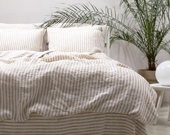 Ticking Stripe Linen Duvet Cover in Natural * Twin, Queen, King and other sizes * Washed 100% European linen * Button Closure