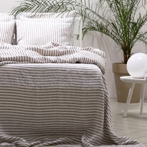 Ticking Striped Linen Flat Sheet in various colors. Queen, Twin, King washed linen bedding. Striped top linen sheet for farmhouse. image 7